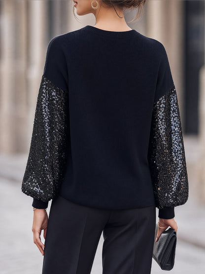 Sequin-Panel Long-Sleeve Structured Knit Top