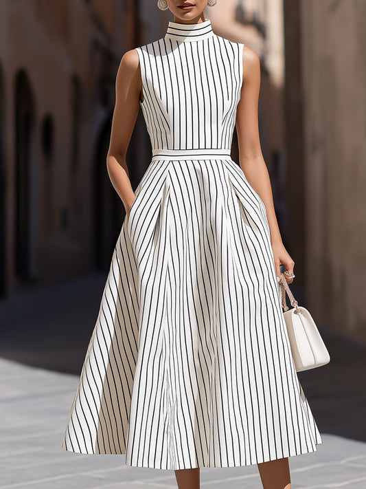 Robe midi trapèze sans manches à col montant, élégante, à fines rayures