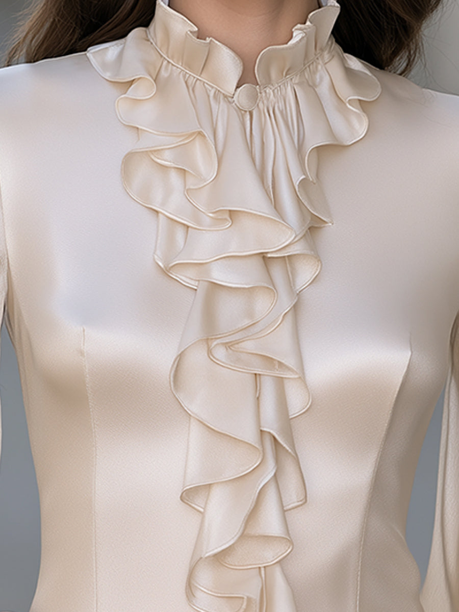 Ruffle Front High Neck Satin Blouse