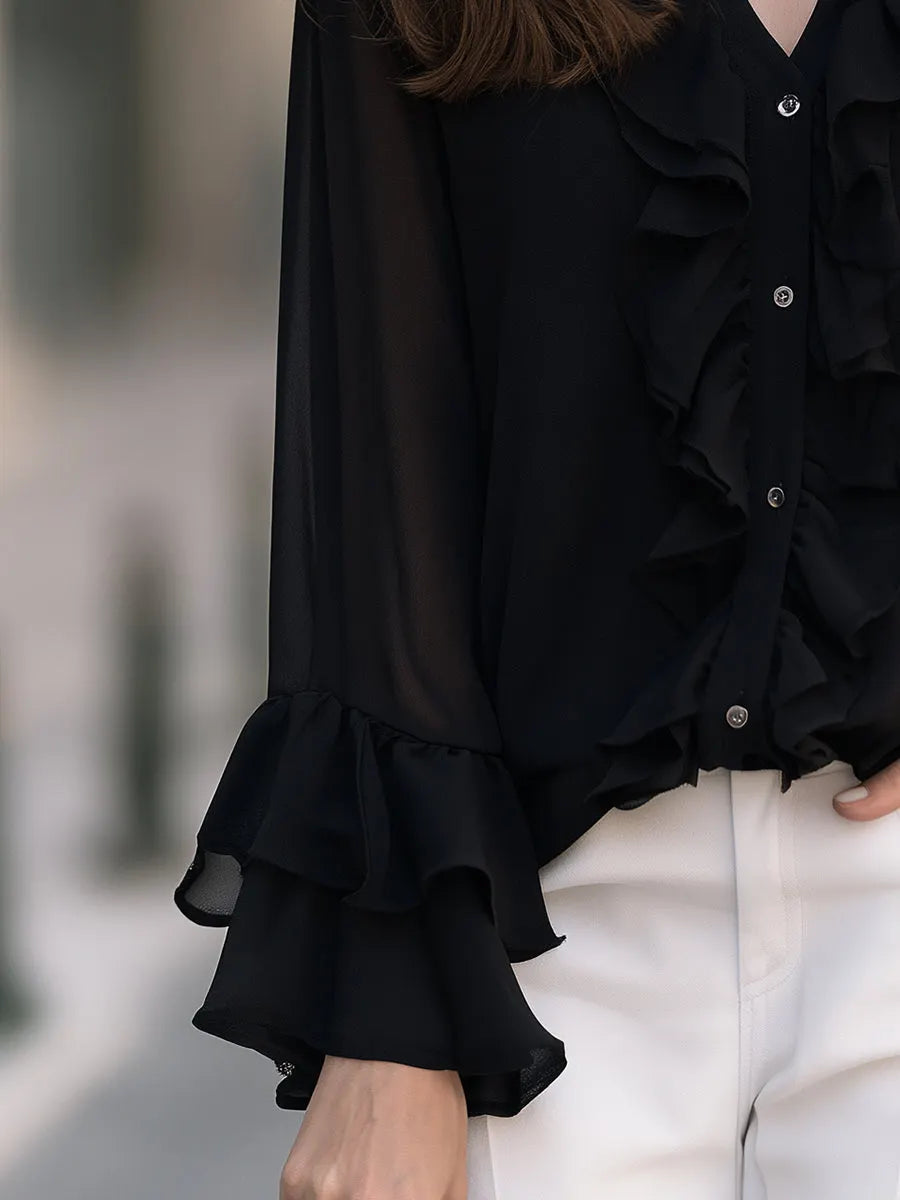 Ruffled Chiffon V-Neck Tiered Bell Cuffs Blouse