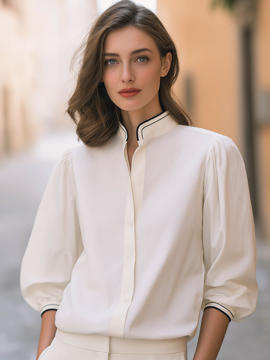 Contrast Piping Mandarin Collar Blouse