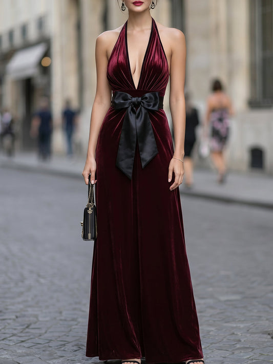 Velvet Halter Neck Deep V Maxi Dress With Statement Bow