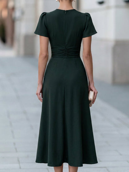 Ruched Waist Flutter Sleeve V-Neck Midi Dress