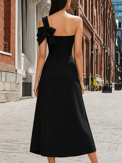 Asymmetric One Shoulder Bow Detail Slit Maxi Dress