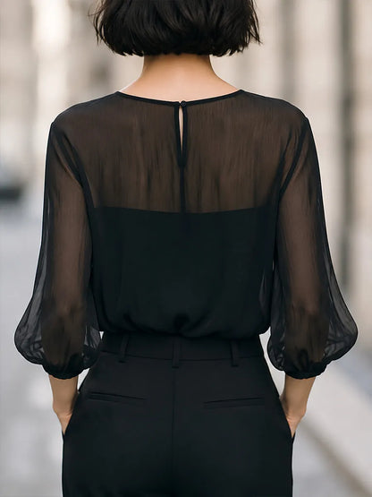 Sheer Puff Sleeve High-Neck Blouse