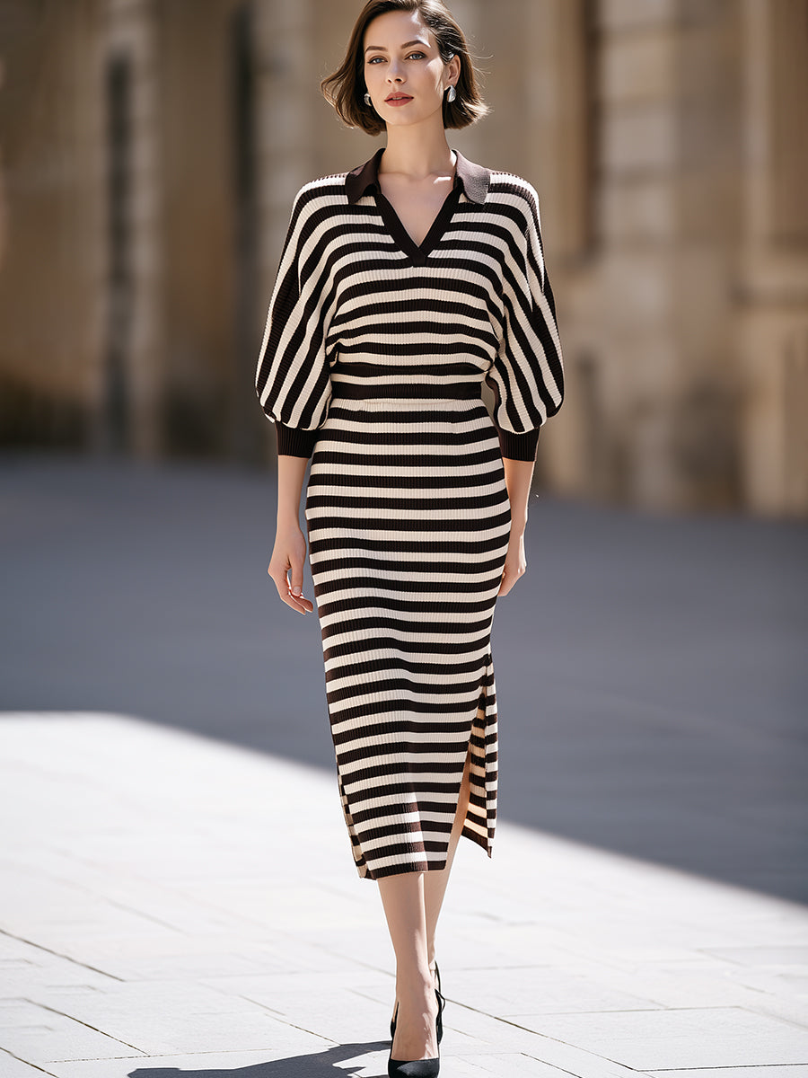 Striped Collared Ribbed Knit Midi Dress