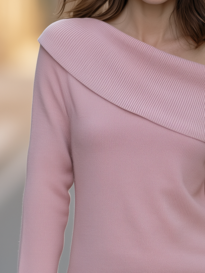 Off-Shoulder Foldover Neck Ribbed Knit Sweater