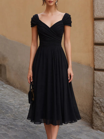 Off-Shoulder Ruched Sweetheart Chiffon A-Line Midi Dress