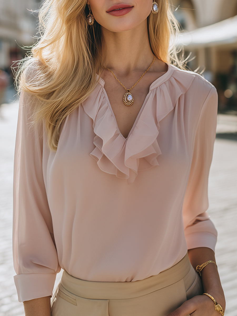 Elegant Ruffle Trim Chiffon Blouse