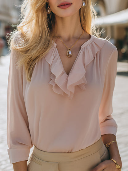 Elegant Ruffle Trim Chiffon Blouse