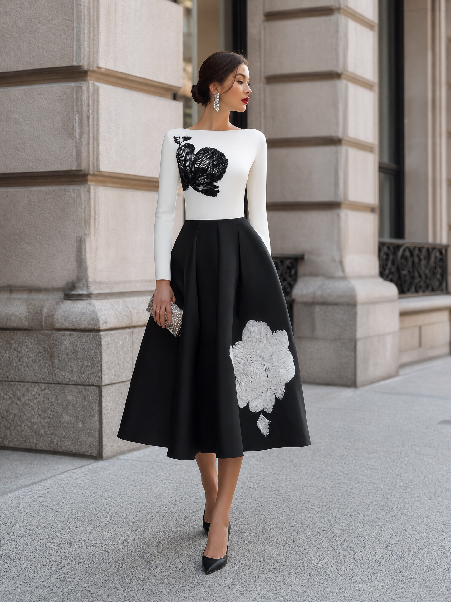 Elegant Contrast Floral Embroidery Long Sleeve Midi Dress