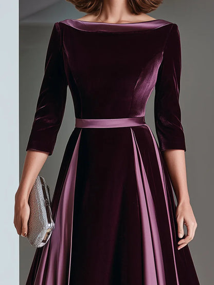 Satin Trim Bateau Neck Velvet A-Line Midi Dress