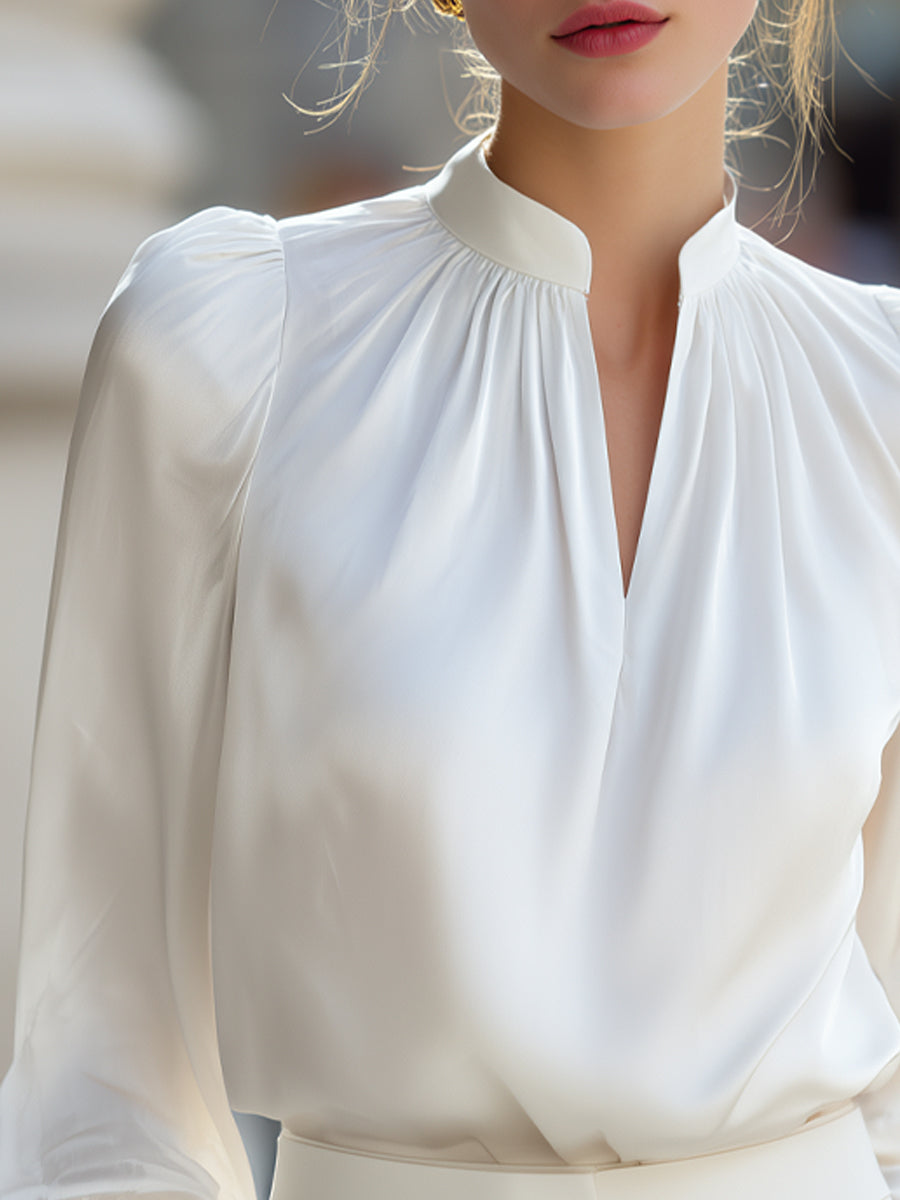 Mock Neck Ruched Satin Long Sleeve Blouse
