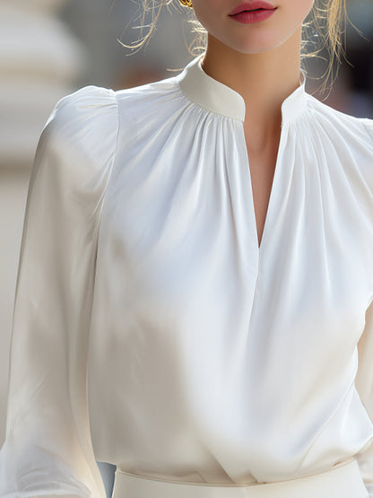 Mock Neck Ruched Satin Long Sleeve Blouse