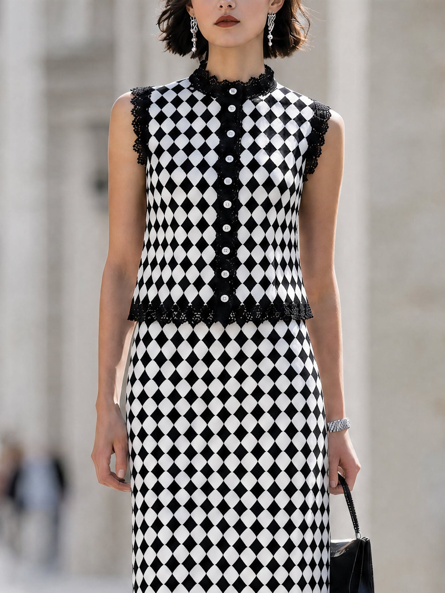 Checkered Pattern Lace-Trimmed Top & Midi Skirt Set