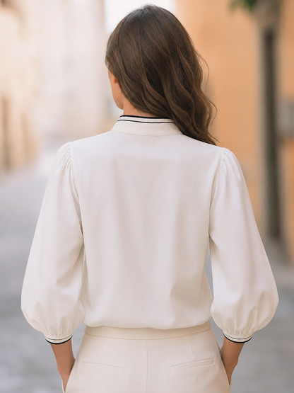 Contrast Piping Mandarin Collar Blouse