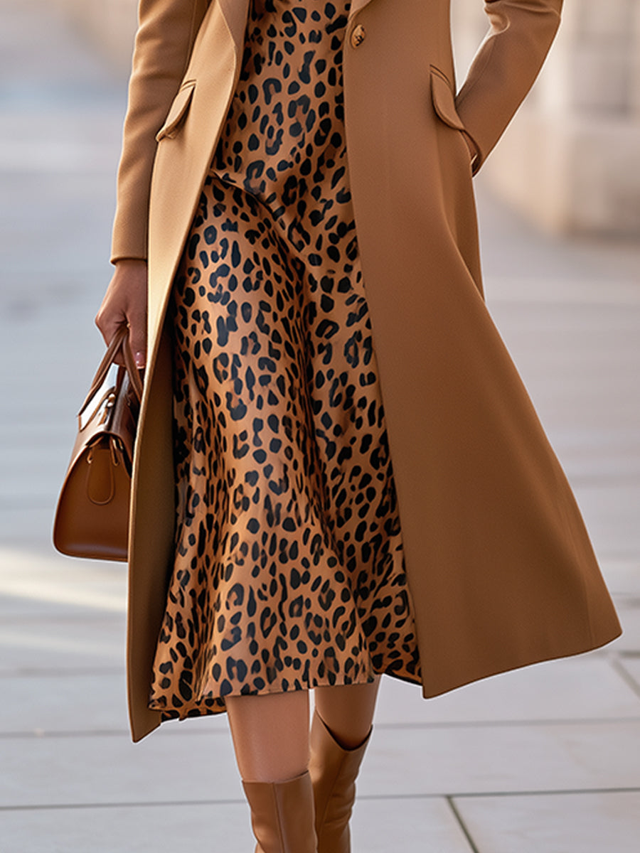 Tailored Long Coat And Leopard Print Midi Dress Set
