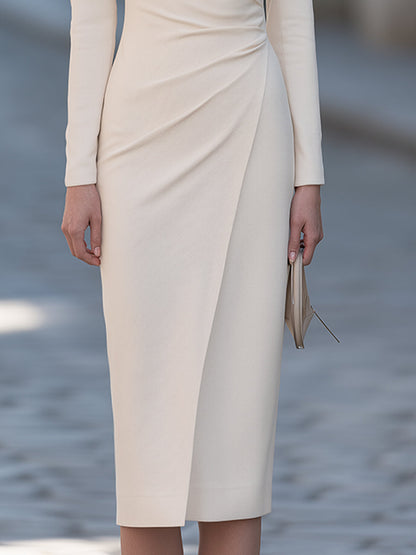 Elegant White Draped Ruched Wrap Midi Dress