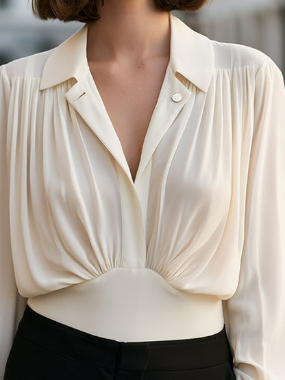 Draped Lapel-Collar Long-Sleeve Blouse