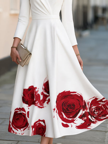V-Neckline Floral Print A-Line Midi Dress