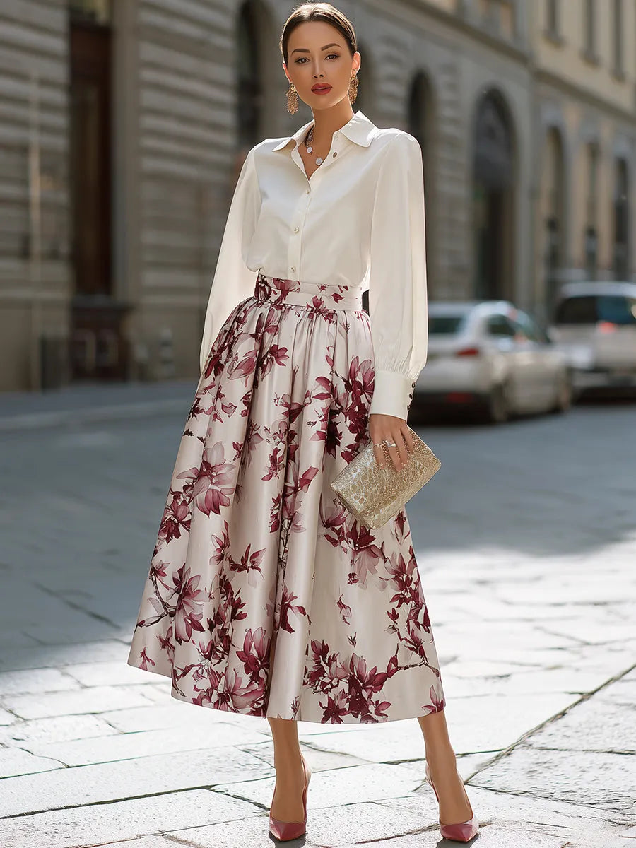 Collared Button-Front Blouse And Floral Full Midi Skirt Set