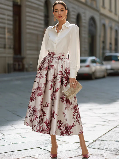Collared Button-Front Blouse And Floral Full Midi Skirt Set