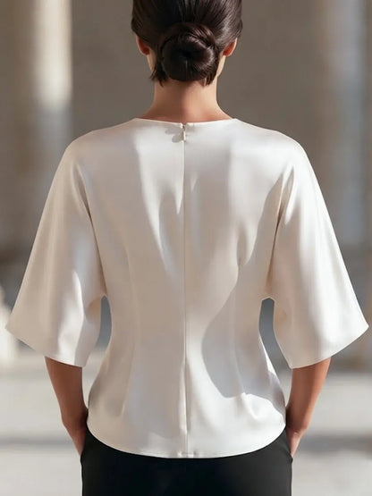 Draped V-Neck Ruched Waist Peplum Blouse