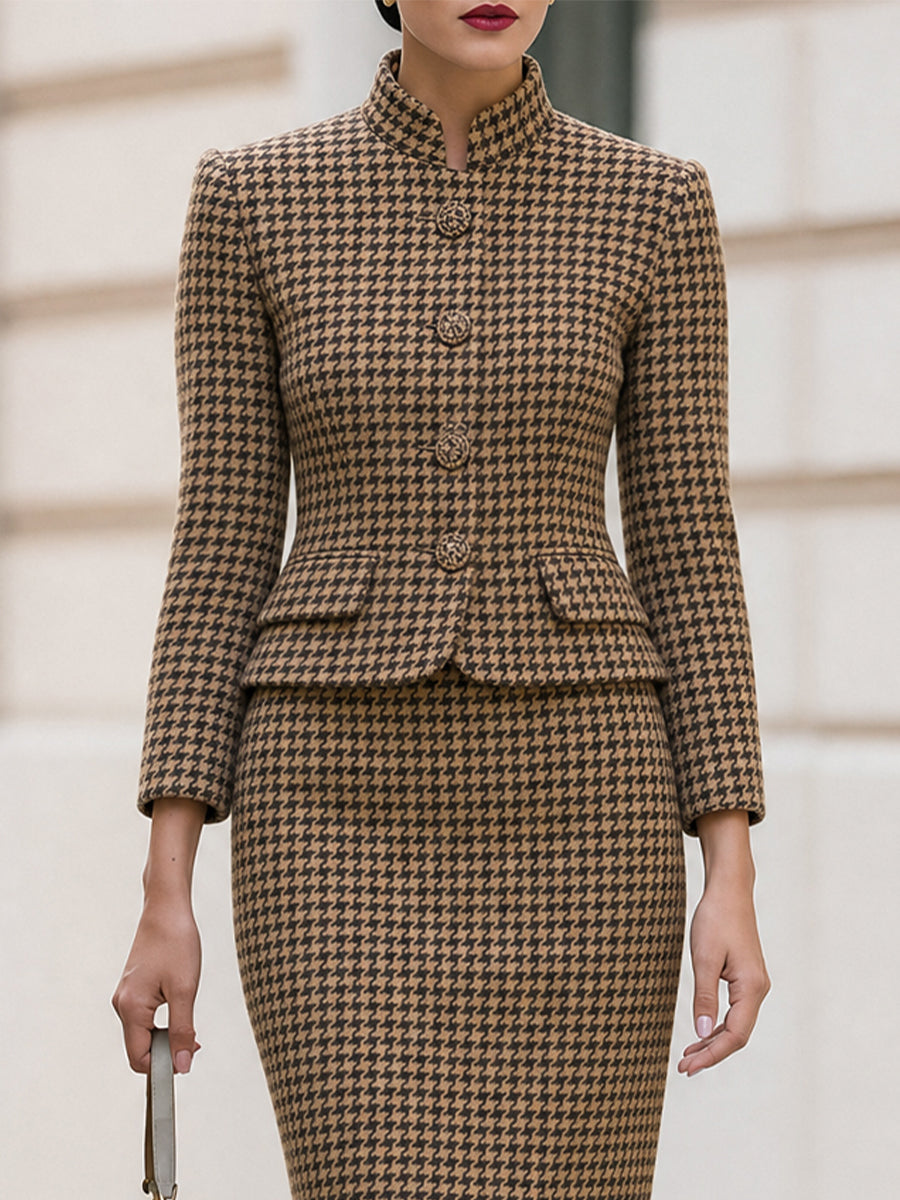 Houndstooth Stand Collar Jacket & Pencil Midi Skirt Two-Piece Co-Ord Set