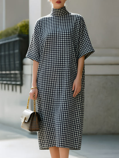 Black-and-White Gingham High-Neck Short-Sleeve Midi Shift Dress