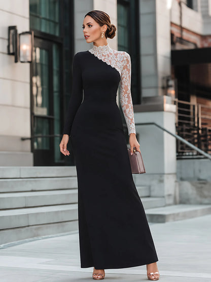 Asymmetric Lace-Spliced Maxi Dress