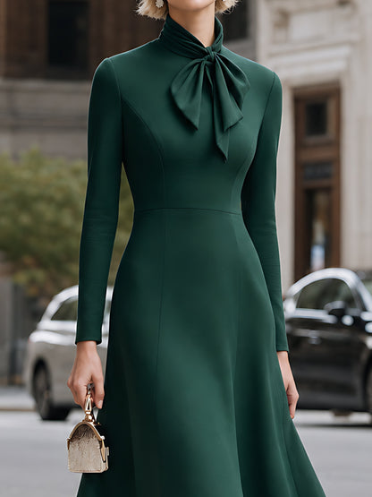 Tie-Neck Lace-Hem A-Line Midi Dress