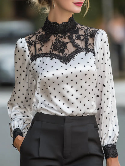 Polka-Dot Satin Lace-Yoke Long-Sleeve Blouse