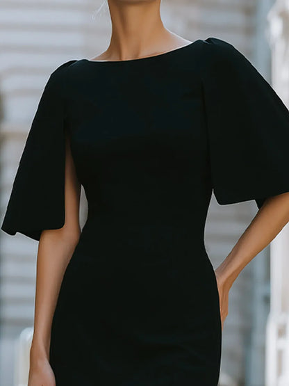 Structured Cape Sleeve Fitted Midi Dress