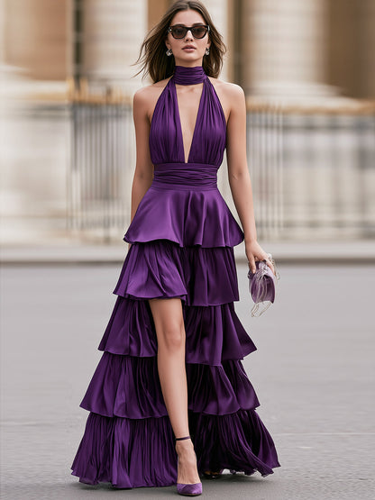 High Neck Halter Plunging V Bodice Ruched Waist Cascading Ruffle Tiered Long Dress