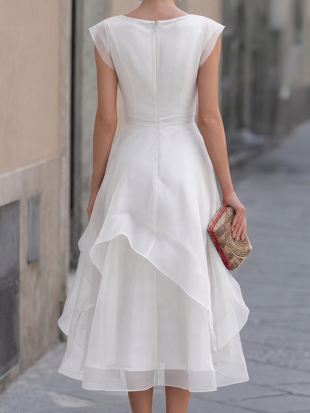 Layered Organza Cap Sleeve A-Line Midi Dress