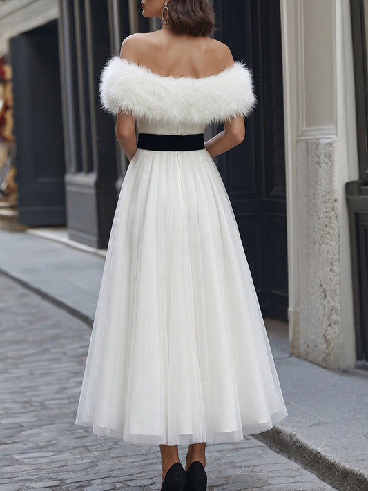 Detachable Faux Fur Trim Off-Shoulder Tulle Midi Dress
