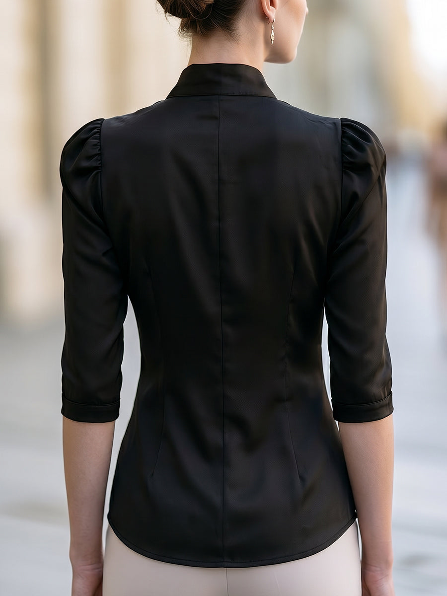 Structured Notch Collar Puff Sleeve Button-Front Blouse