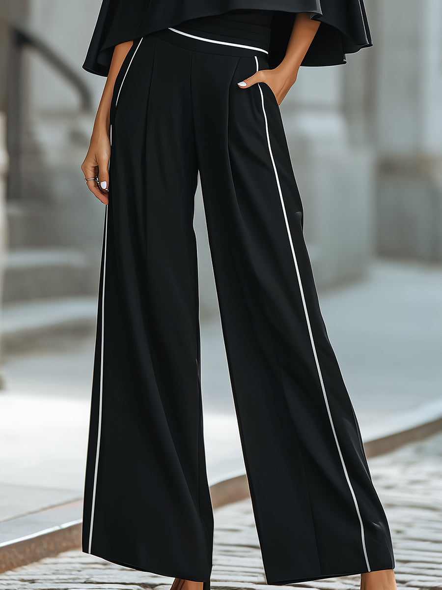 Asymmetric Cut-Out Cape Top With Wide-Leg Tailored Pants Set