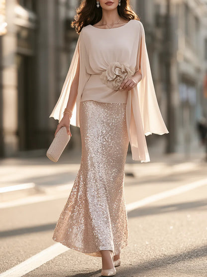 Cape-Sleeve Floral-Waist Top And Sequin Mermaid Maxi Skirt Set