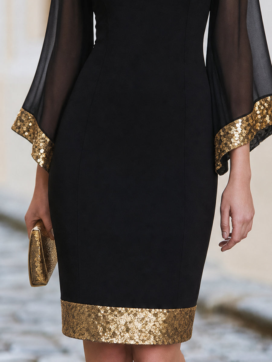 Boat Neck Sheer Flare Sleeve Gold Sequin Trim Bodycon Mini Dress