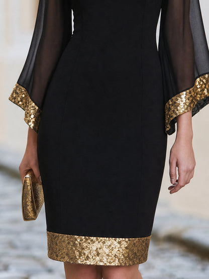 Boat Neck Sheer Flare Sleeve Gold Sequin Trim Bodycon Mini Dress
