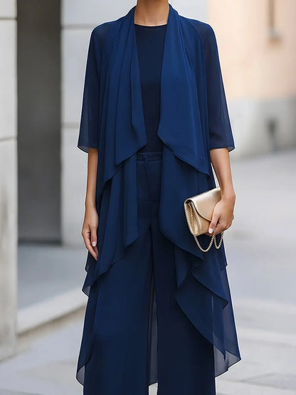 Layered Chiffon Overlay Top And Wide-Leg Trousers Two-Piece Set