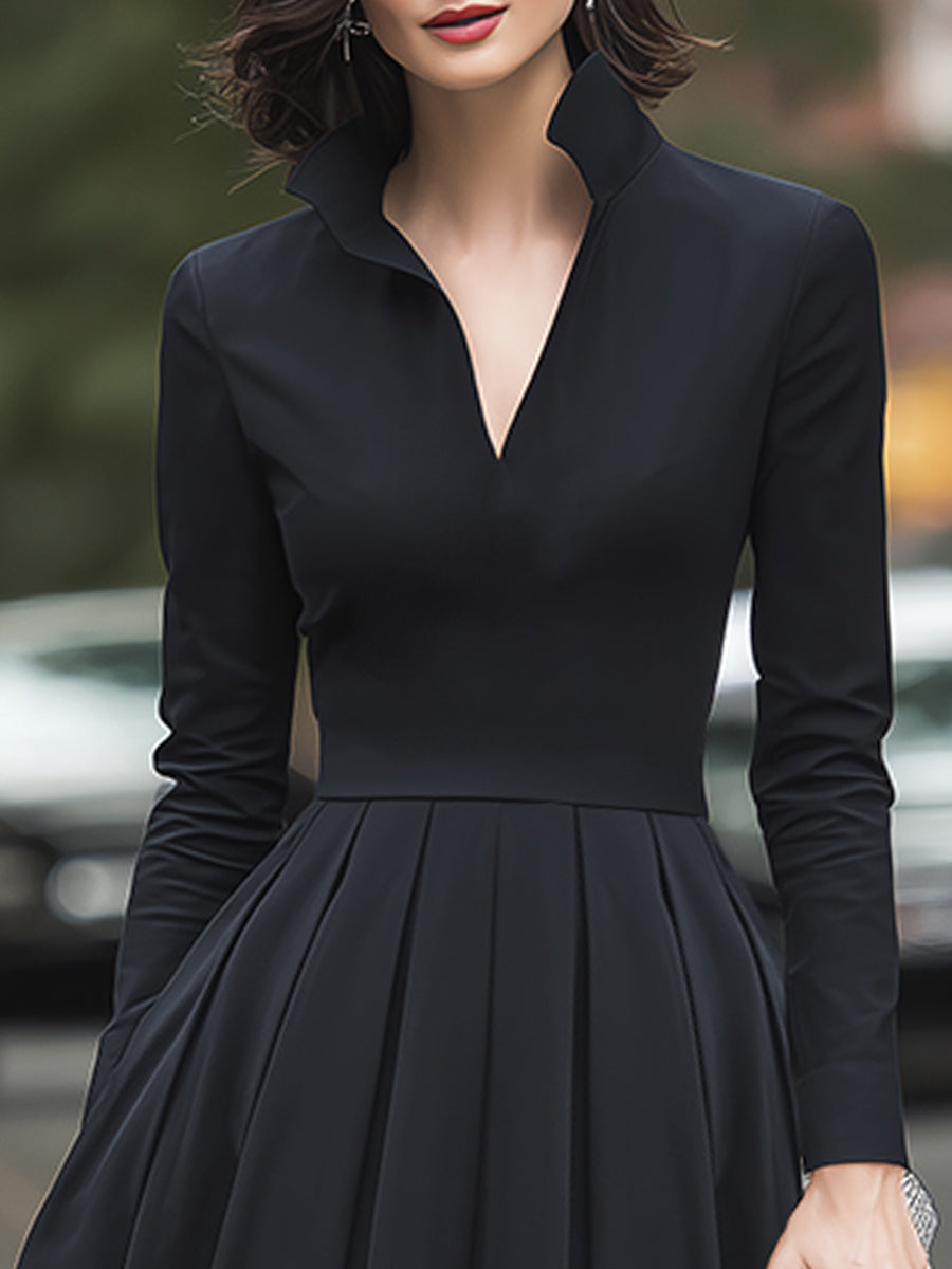 High-Collar V-Neck Pleated Midi Shirt Dress