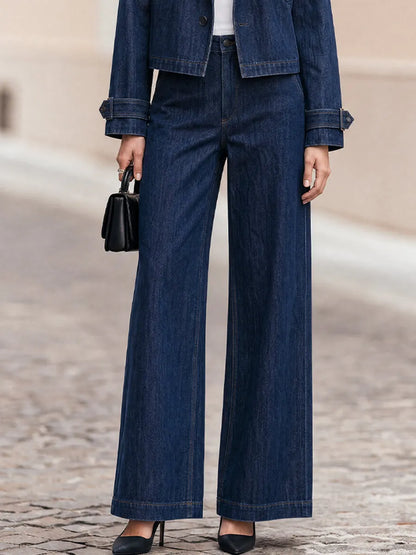 Notched Lapel Cropped Jacket & High Waist Wide Leg  Trousers Two-Piece  Suit
