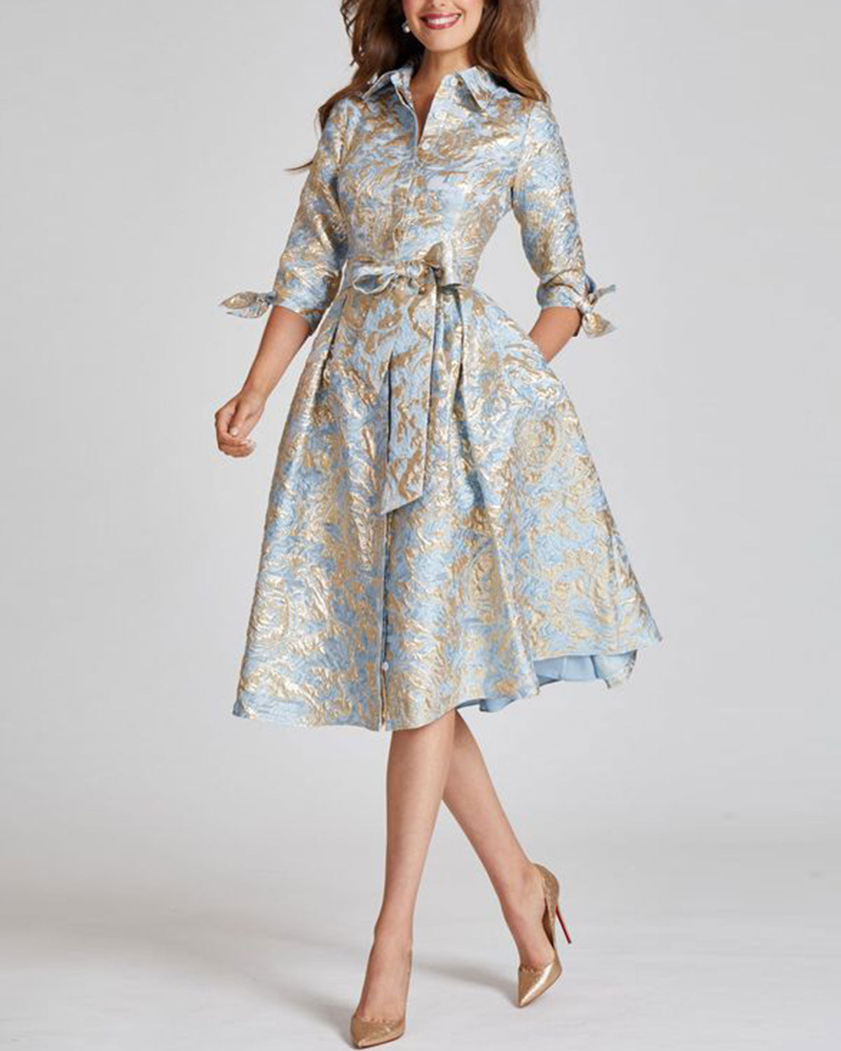 Metallic Pattern Jacquard Shirtdress