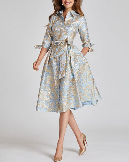 Metallic Pattern Jacquard Shirtdress