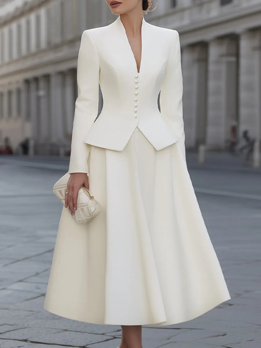 Button-Front Structured Blazer And Full Midi Skirt Set