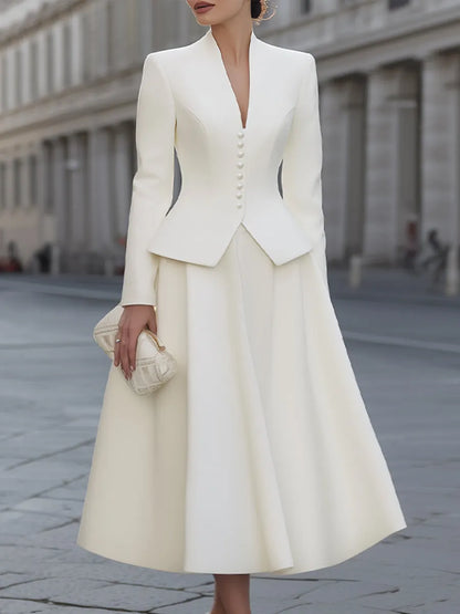 Button-Front Structured Blazer And Full Midi Skirt Set