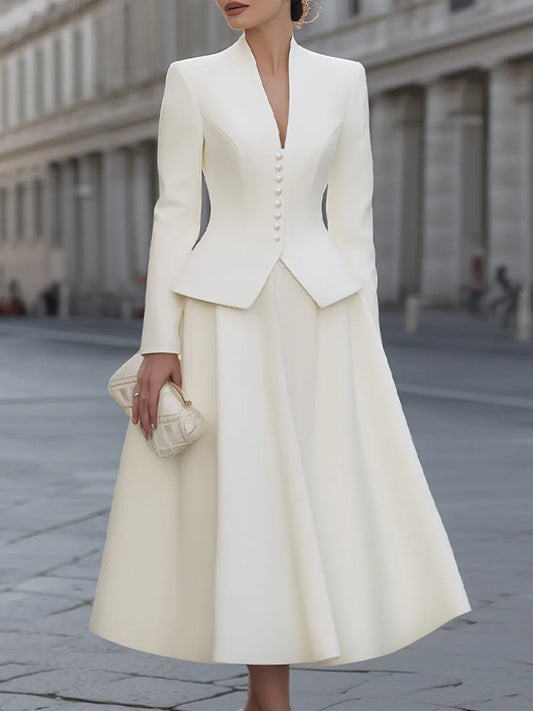 Button-Front Structured Blazer And Full Midi Skirt Set