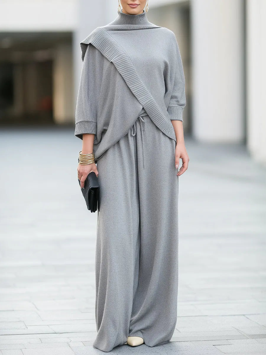 Cowl Neck Batwing Sleeve Knit Top With Wide Leg Pants Set